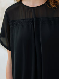 Sheer Panel Lace Trim Short Sleeve Blouse