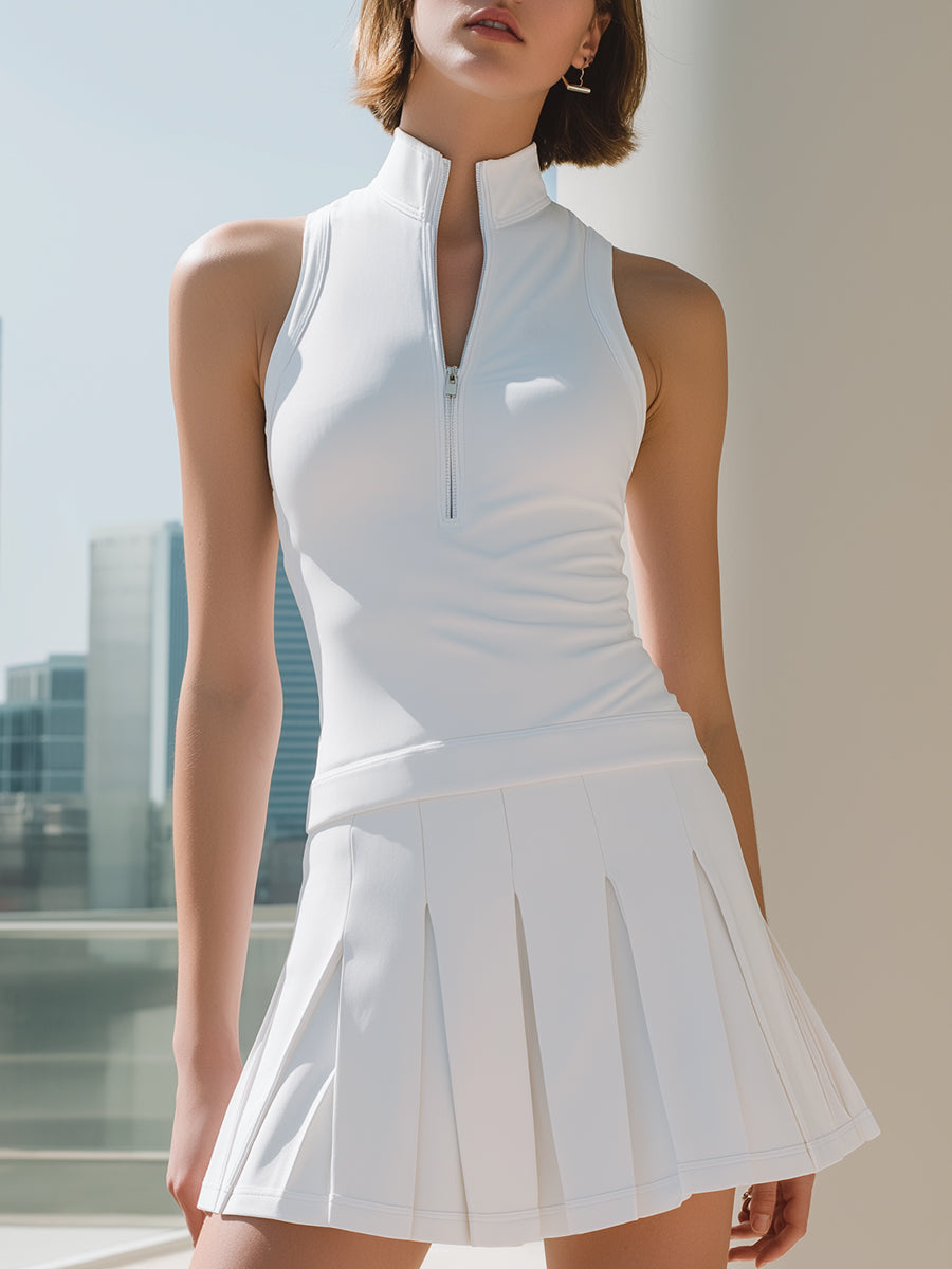 Sleeveless Half-Zip Athletic Top & Pleated Skirt Set