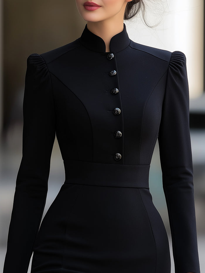 Timeless Mandarin Collar Buttoned Midi Dress