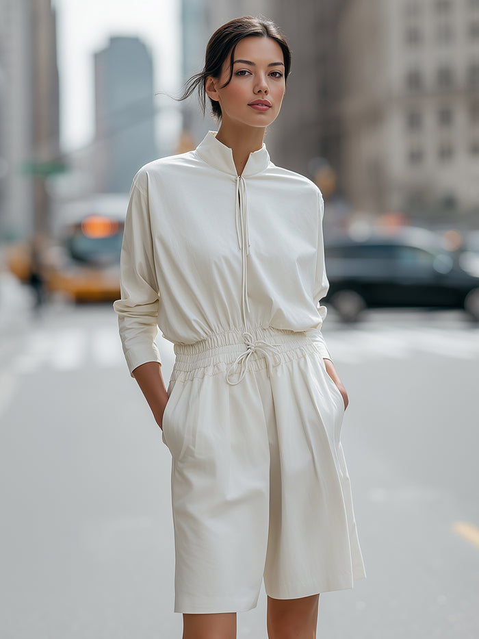 Relaxed Half-Zip Long Sleeve Drawstring Waist Shorts Jumpsuit