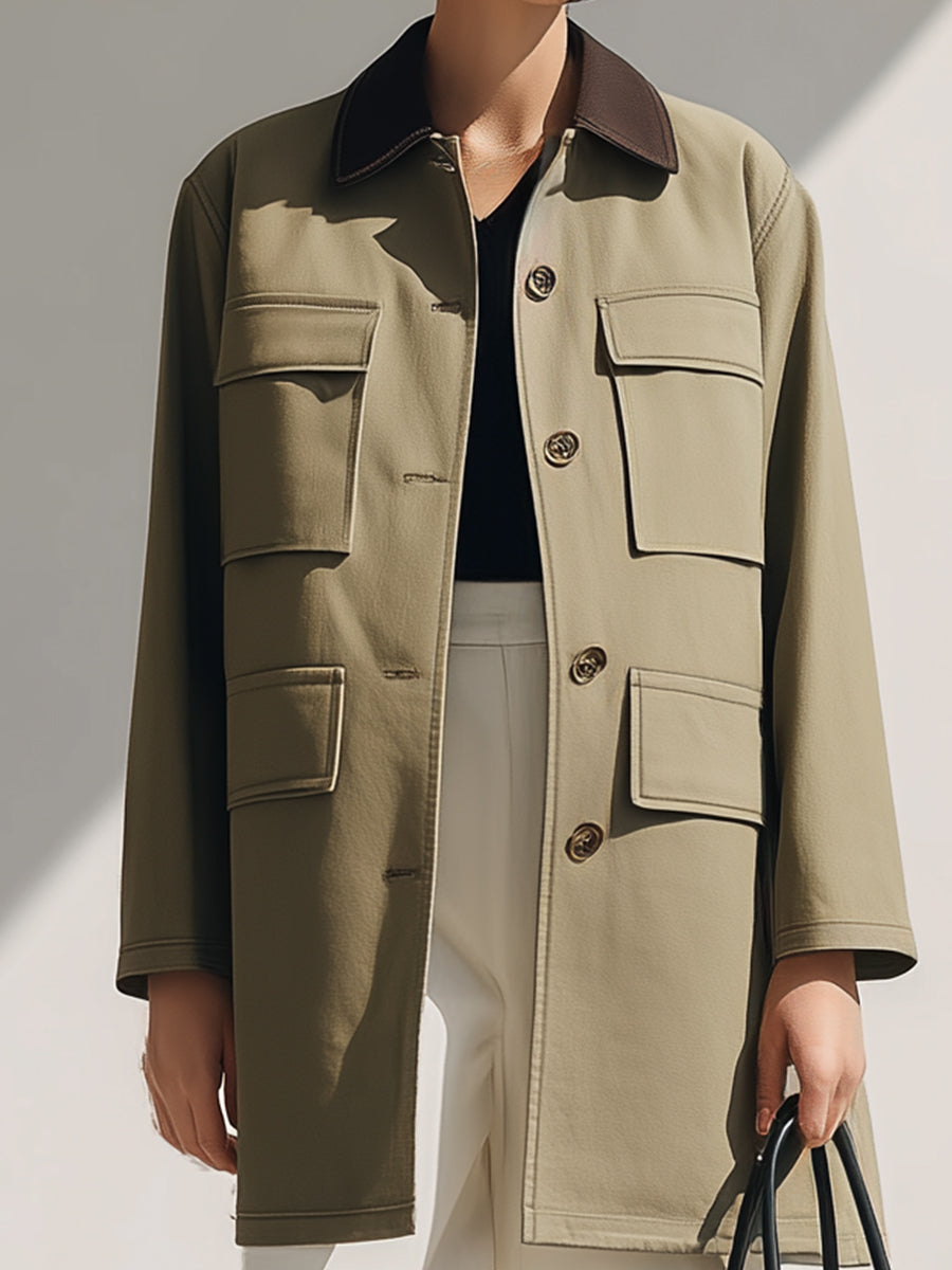 Khaki Utility Jacket With Contrast Collar