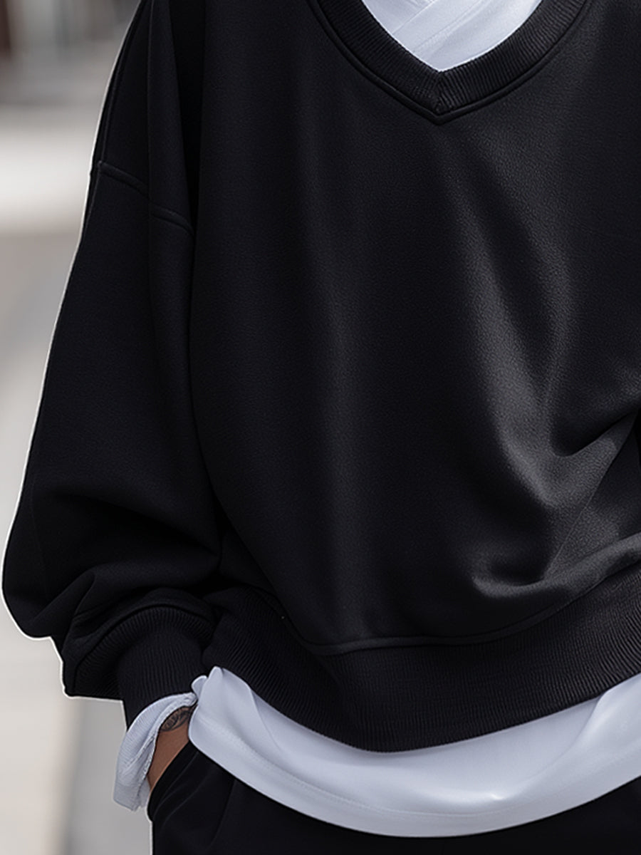 Black V-neck Layered Loose Knit Two-Piece Set