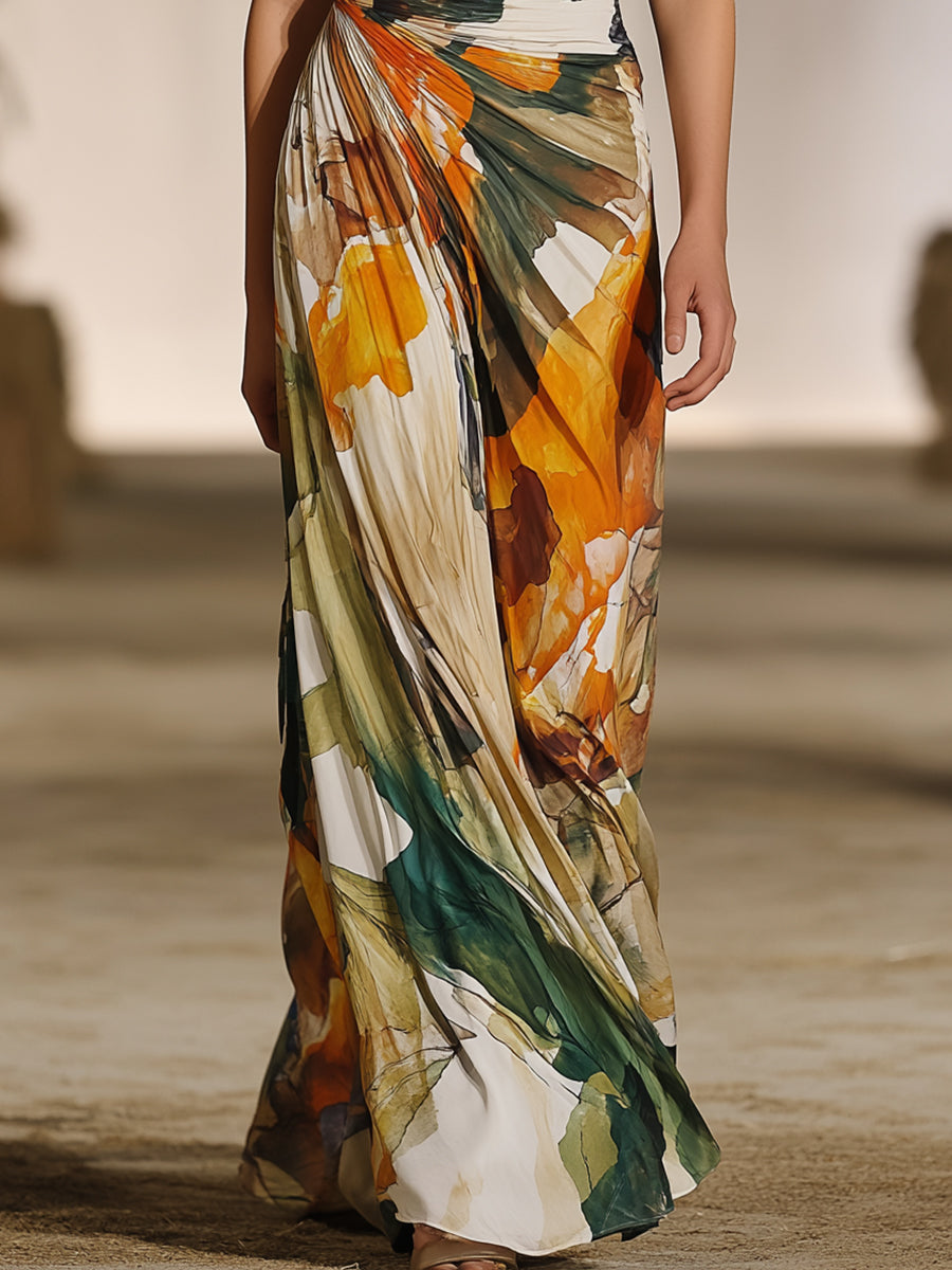 One-Shoulder Abstract Print Draped Maxi Dress