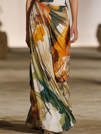 One-Shoulder Abstract Print Draped Maxi Dress