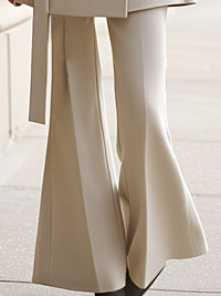 Elegant Belted Wool-Blend Coat With Faux Fur Collar And Flared Pants Set