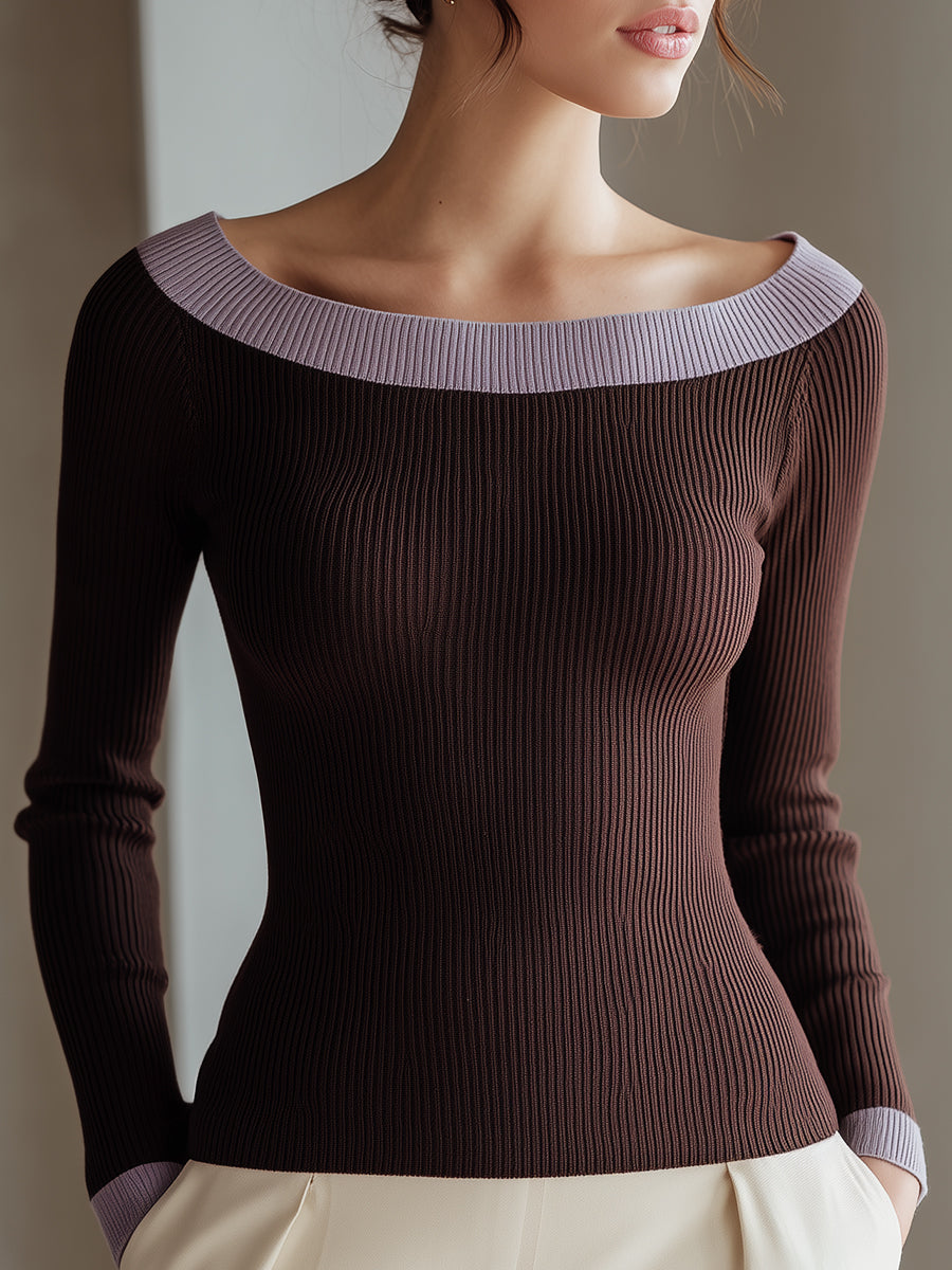 Ribbed Knit Top With Soft Lilac Contrast Neckline