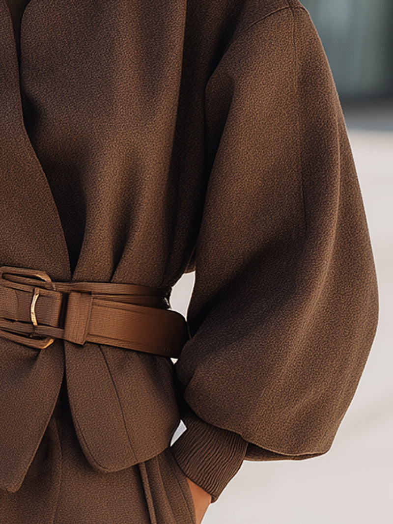 Mocha Color Belted Structured Jacket With Belt