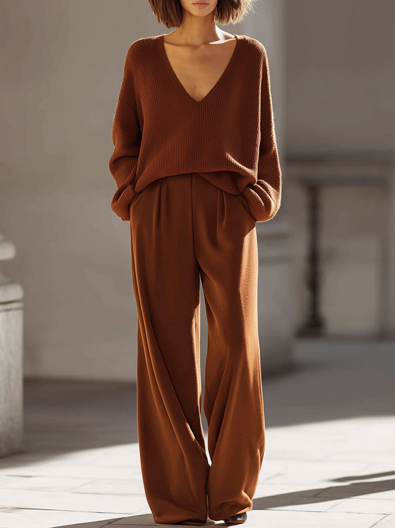 Chestnut V-Neck Knit Top And Wide-Leg Pants Set