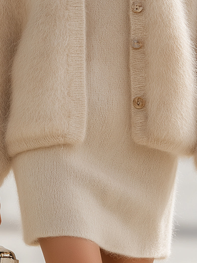 Cream Fluffy Knit Cardigan And Dress Set