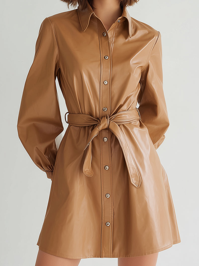 Classic Belted Faux-Leather Shirt Dress