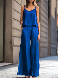 Cobalt Blue Satin Camisole & Wide-Leg Pants Two-Piece Set