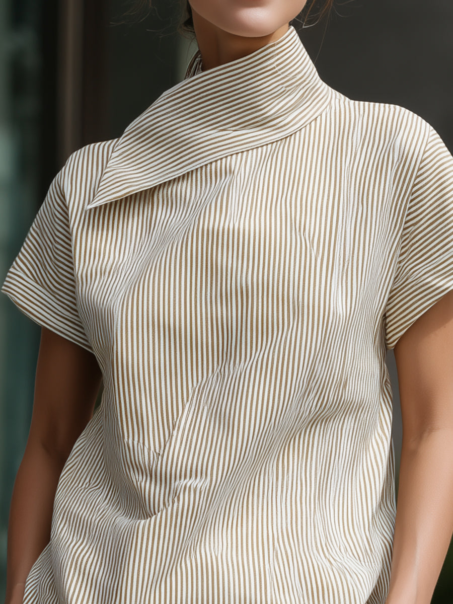 Asymmetric High-Neck Pinstripe Short-Sleeve Top