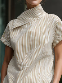Asymmetric High-Neck Pinstripe Short-Sleeve Top