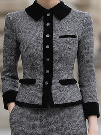 Classic Grey Tweed Skirt Suit With Velvet Trim