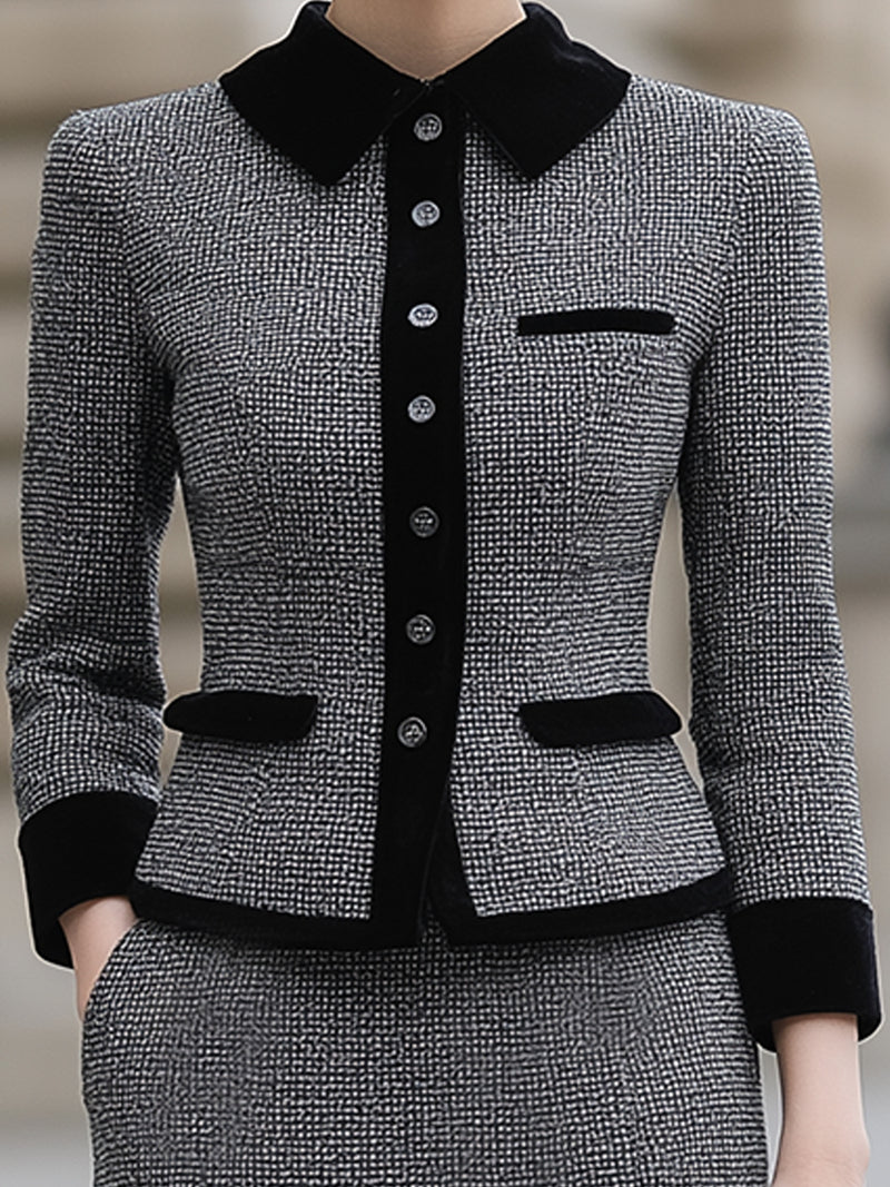 Classic Grey Tweed Skirt Suit With Velvet Trim
