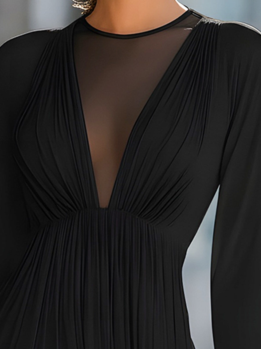 Sheer Panel V-Neck Pleated Long Sleeve Mini Dress