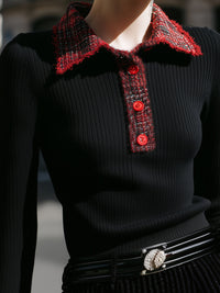 Tweed Contrast Collar Knit Top