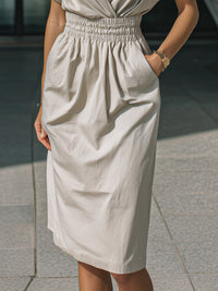 Draped V-Neck Smocked Waist Midi Dress