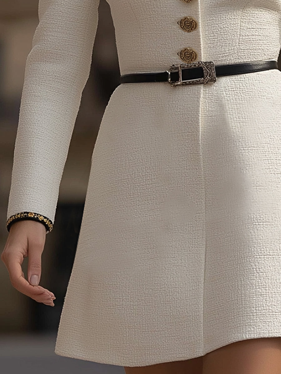 White Tweed Belted Blazer Dress