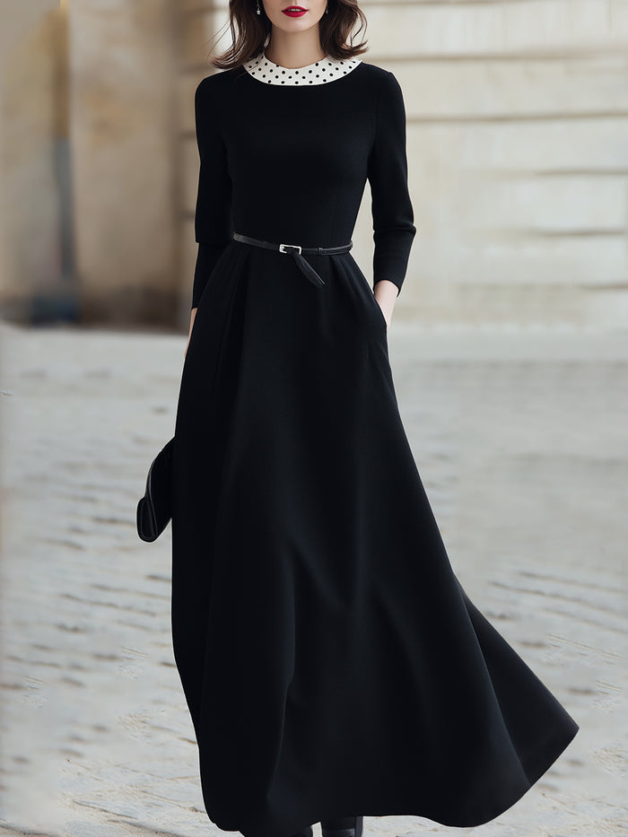 Elegant Black Maxi Dress With Polka Dot Collar