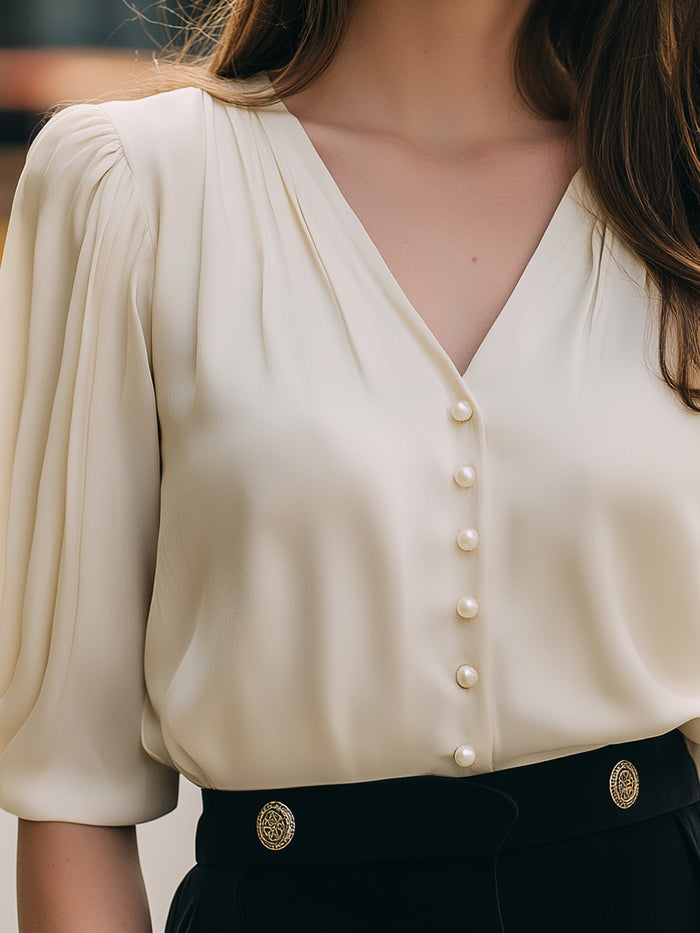 Pearl Button Pleated Blouse
