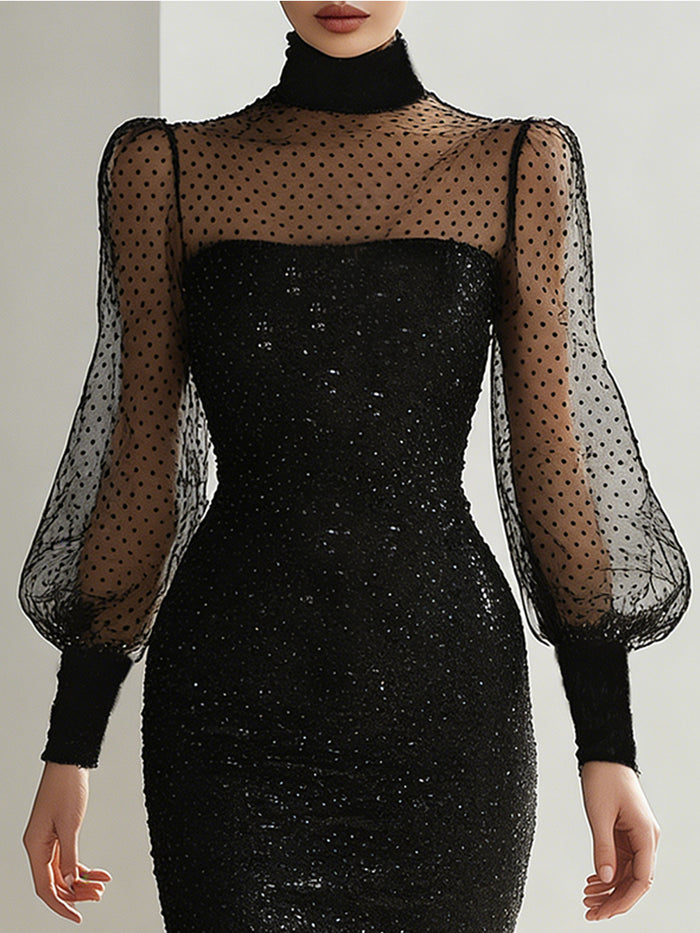 Polka Dot Mesh Sleeve Sequin Midi Dress