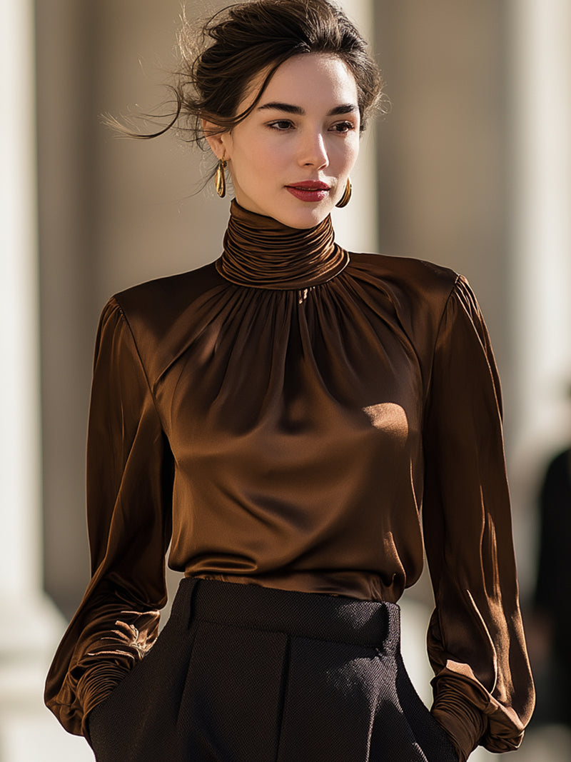 Brown Satin Turtleneck Pleated Shirt