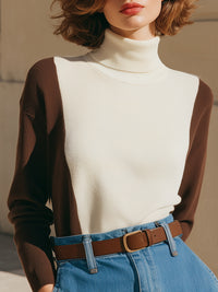 Two-Tone Ribbed Turtleneck Sweater