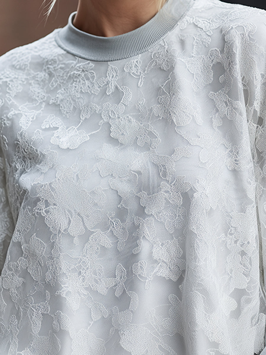 Floral Lace Overlay Relaxed Sweatshirt