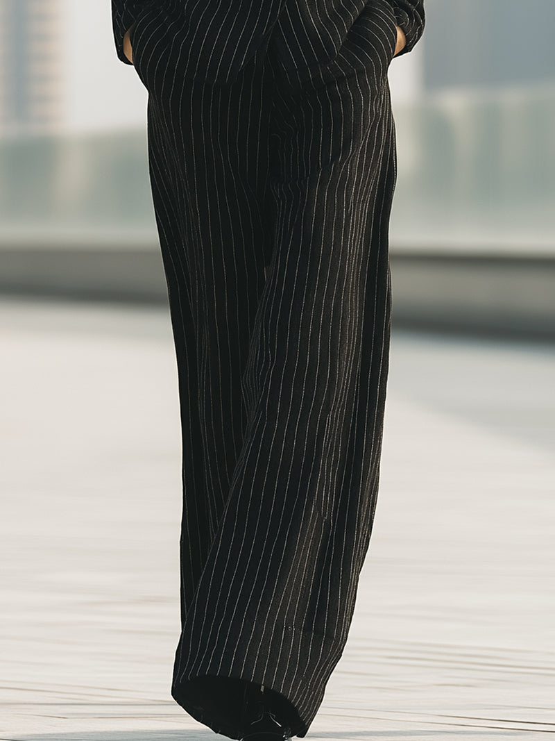 Pinstripe Double-Breasted Blazer And Wide-Leg Pants Set