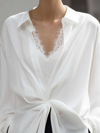 Draped Knot-Front Sheer Chiffon Blouse With Lace Camisole