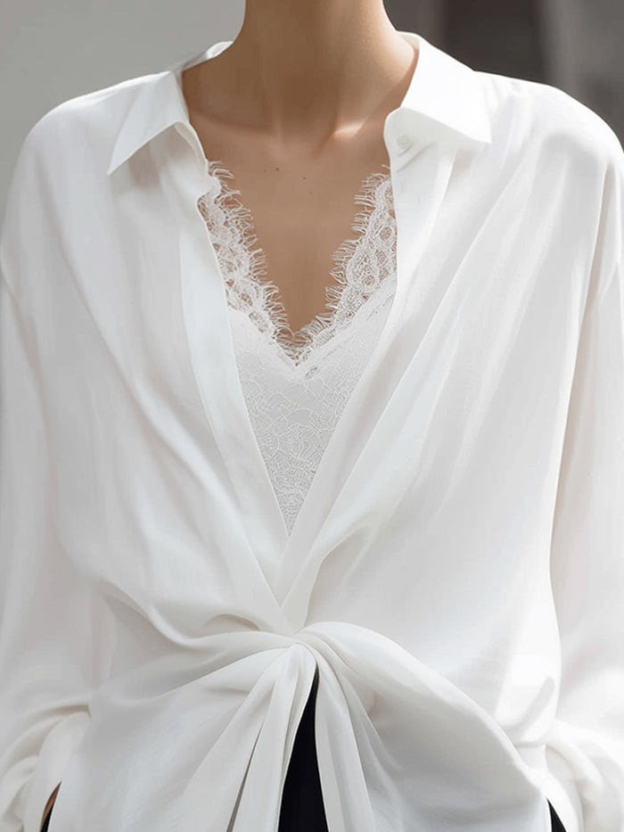 Draped Knot-Front Sheer Chiffon Blouse With Lace Camisole