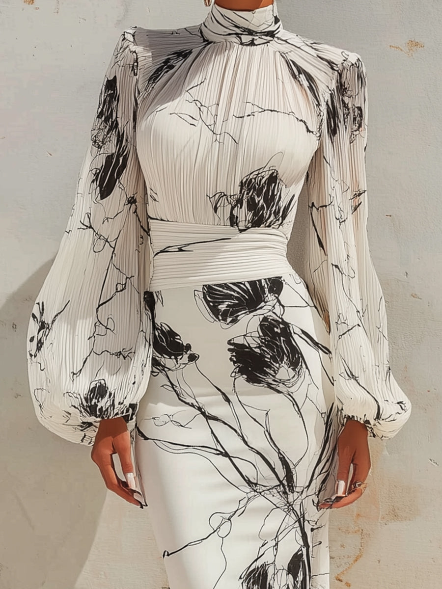 High-Neck Printed Long-Sleeve Maxi Dress