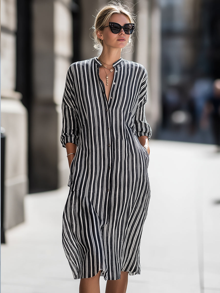 Relaxed Vertical Stripe Button-Front Midi Shirt Dress