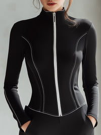 Black Contour Zip-Up Top
