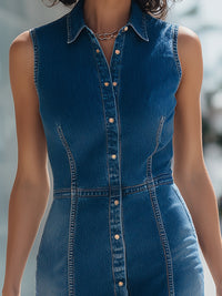 Sleeveless Button-Front Denim Midi Dress With Tailored Seaming