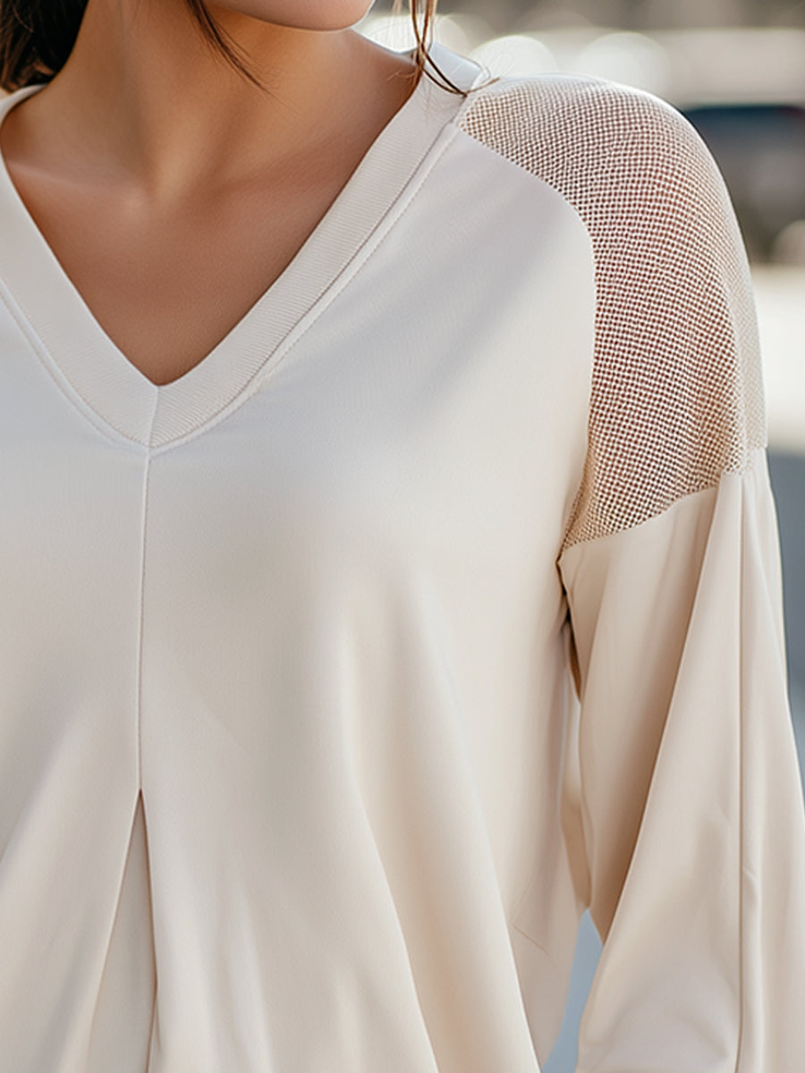 Mesh-Shoulder Pleated V-Neck Blouson Top