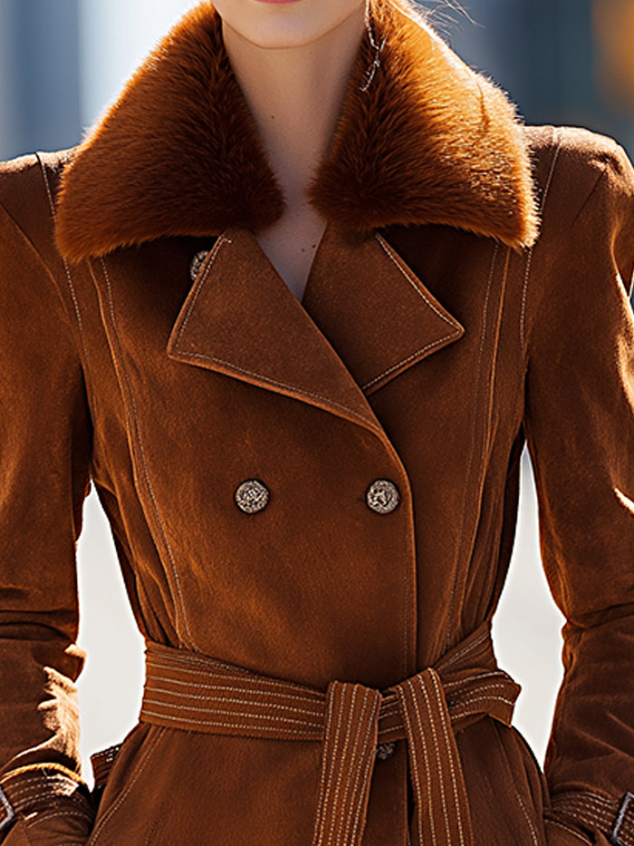 Double-Breasted Suede Trench Coat With Fur Collar