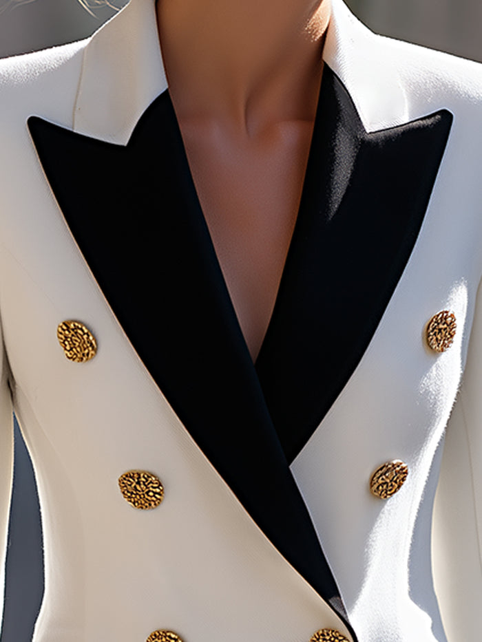 White Double-Breasted Blazer With Black Contrast Lapels