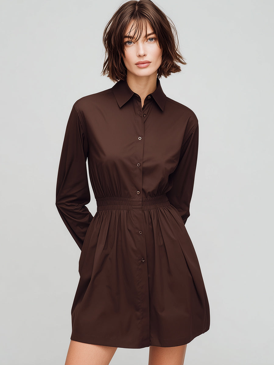 Classic Chocolate Brown Elastic-Waist Shirt Dress
