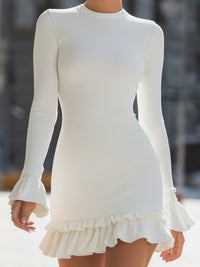 White Ribbed Ruffle-Trim Bodycon Dress
