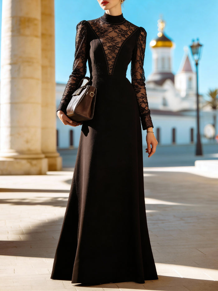 Lace-Inset Woven High-Neck Evening Gown