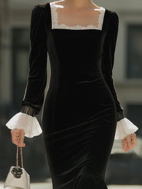 Vintage Velvet Mermaid Dress With Lace Trim