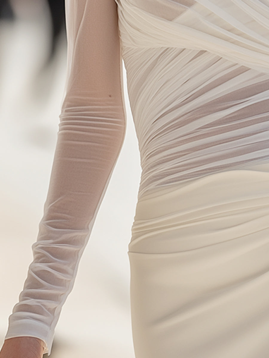 Sheer Ruched Mesh Long-Sleeve Draped Top