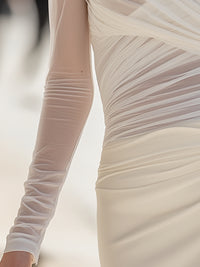 Sheer Ruched Mesh Long-Sleeve Draped Top