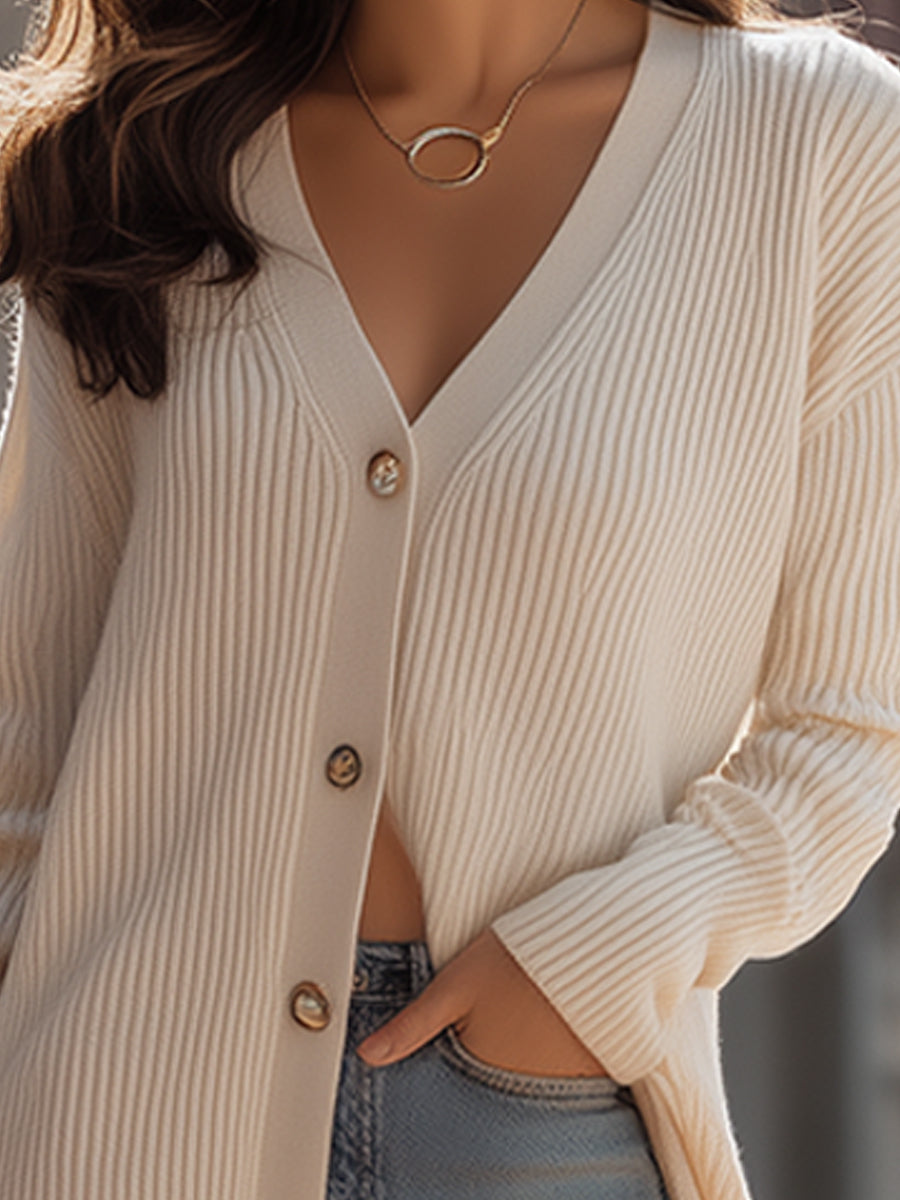 Longline Ribbed Button-Front Knit Cardigan