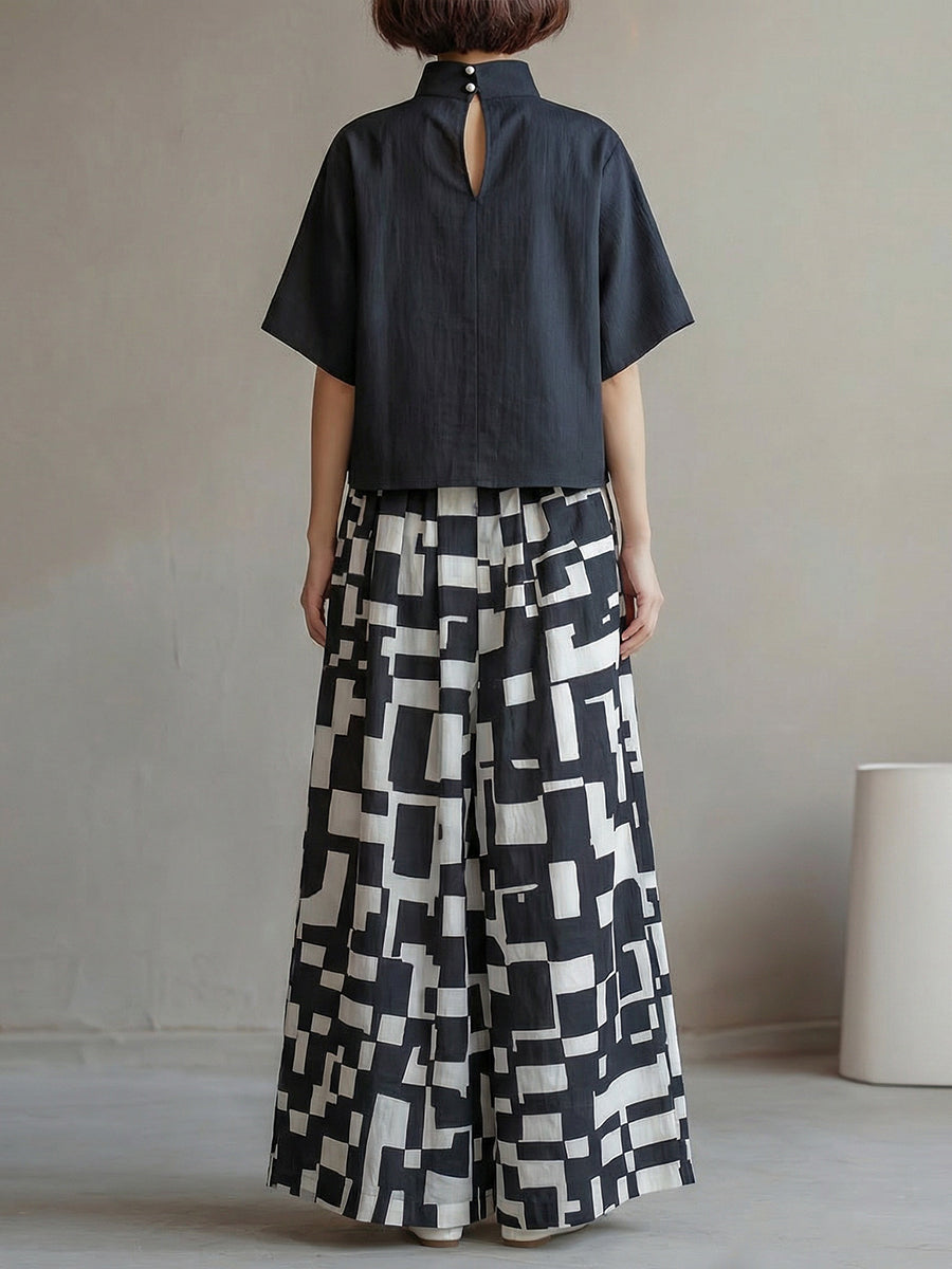High-Neck Top & Abstract Print Wide-Leg Skirt Set