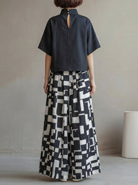 High-Neck Top & Abstract Print Wide-Leg Skirt Set
