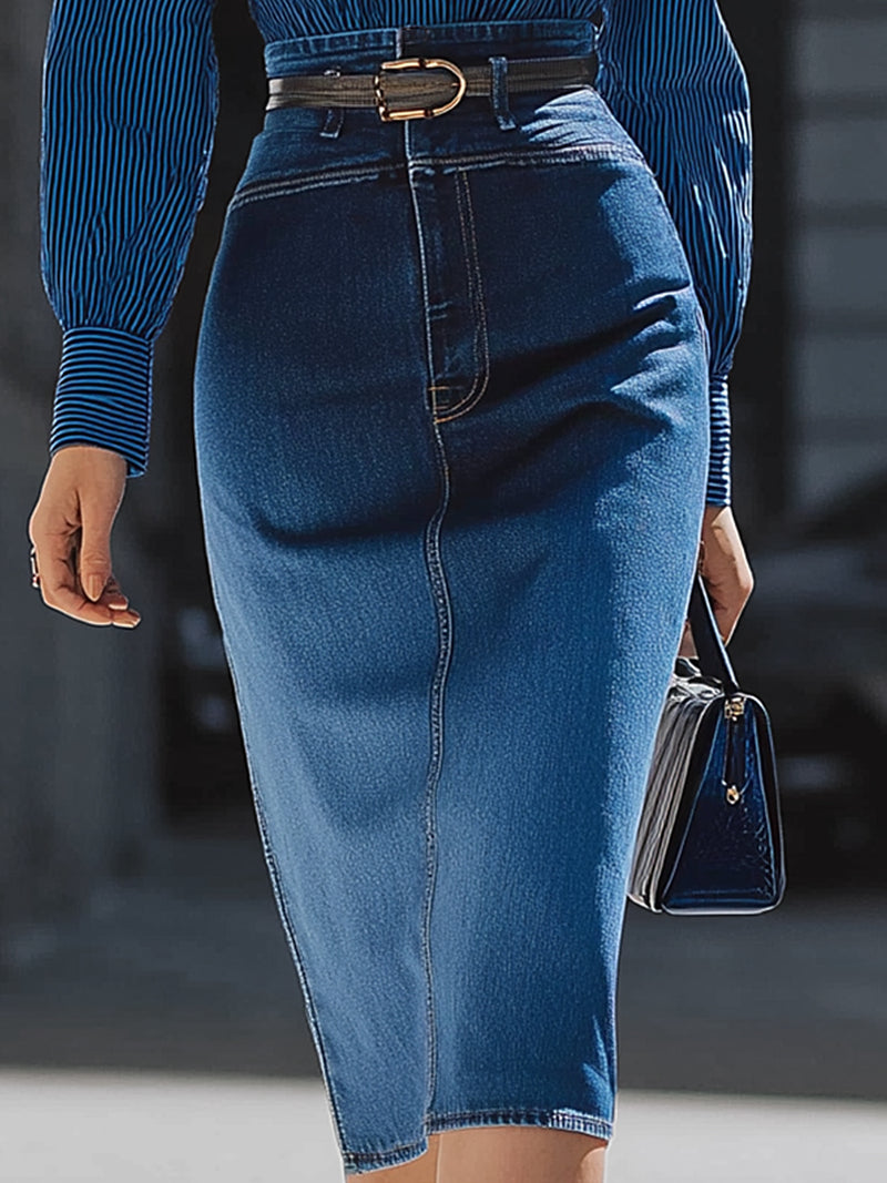 Elegant Striped Blouse And High-Waist Denim Pencil Skirt Set
