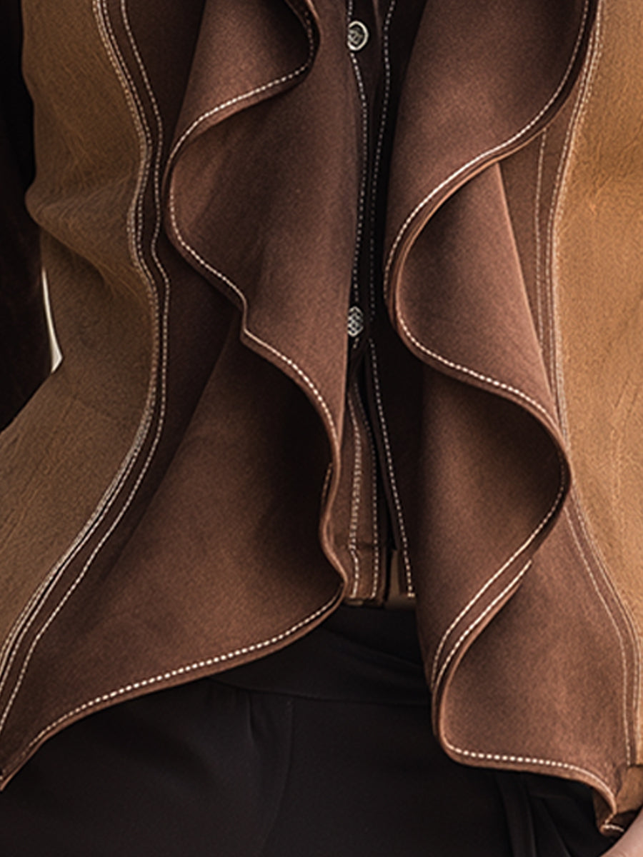 Two-Tone Suede Ruffle-Front Fitted Jacket